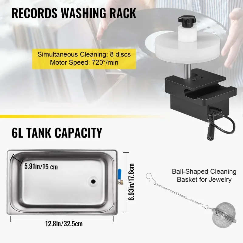 6L Knob Ultrasonic Vinyl Record Cleaner Portable Washing Machine Ultrasound Dishwasher Contact Lenses Dental Jewelry