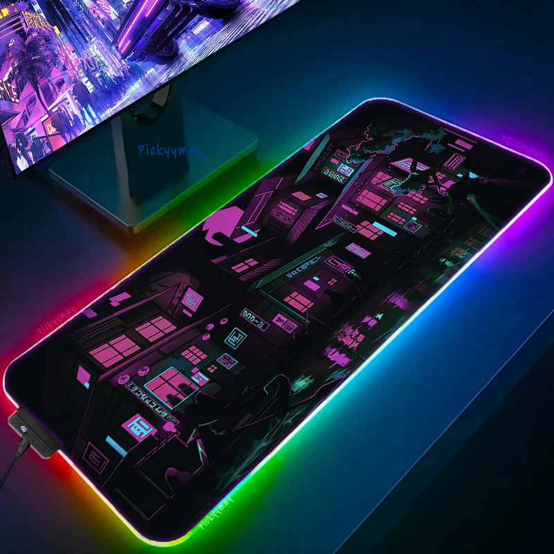 Large RGB Mouse Pad XXL Purple City Neon Mousepad LED Mouse Mat Japan Mousepads Table Pads Keyboard Mats Desk Rug With Backlit
