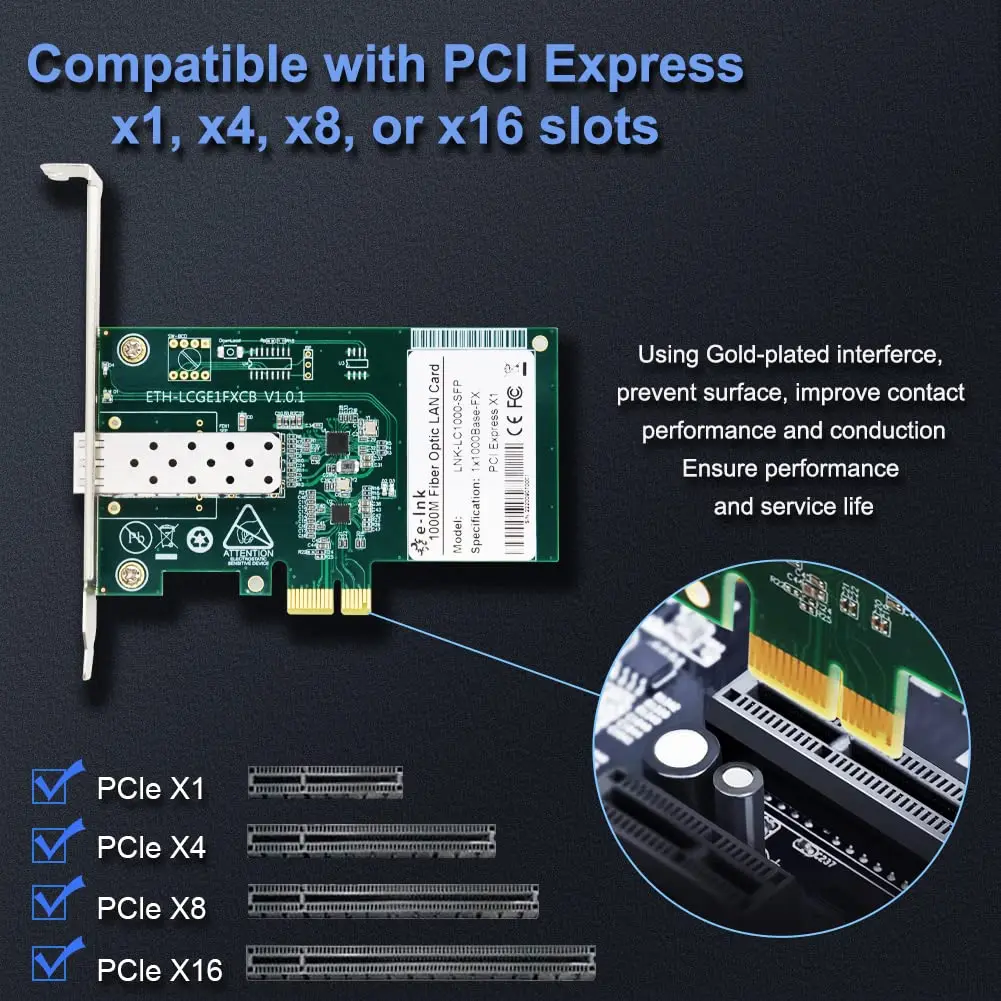 

Single Port PCI-E Gigabit Fiber Network Card 1000Mbps SFP/SC Port for Windows Linux Server Desktop