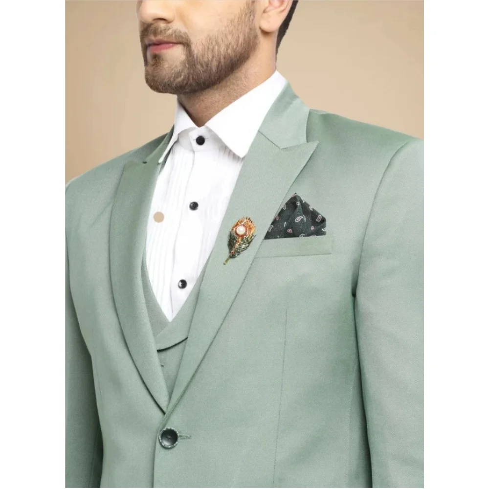 

Elegant Green Men's Suits 3 Pieces Casual Peak Lapel Single Breasted Men's Wedding Suits Formal Business (Blazer+Vest+Pant）