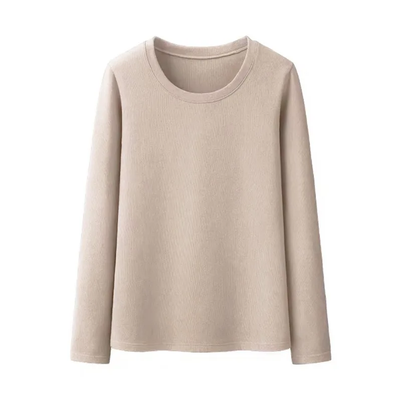 GELITAYIN ผู้หญิงชุดชั้นในเสื้อยืดฤดูใบไม้ร่วงฤดูหนาวกำมะหยี่บางความยาวแขนสีทึบเสื้อยืดลำลองขนแกะอุ่น O-คอ B