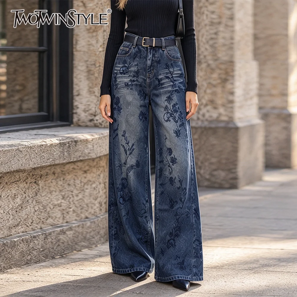 TWOTWINSTYLE Commute Floral Jacquard Wide Leg Jeans for Women High Waist Vintage Washed Denim Pants Loose Floor Length with Belt