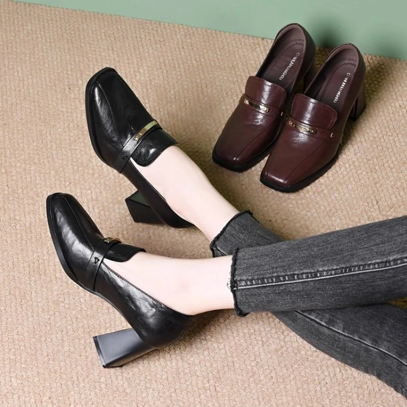 

Ladies Fashion Chunky Middle Heel Shoes PU Square Toe Slip On Low Top Shallow Rubber Sole 3-5cm Heel Daily Work Footwear