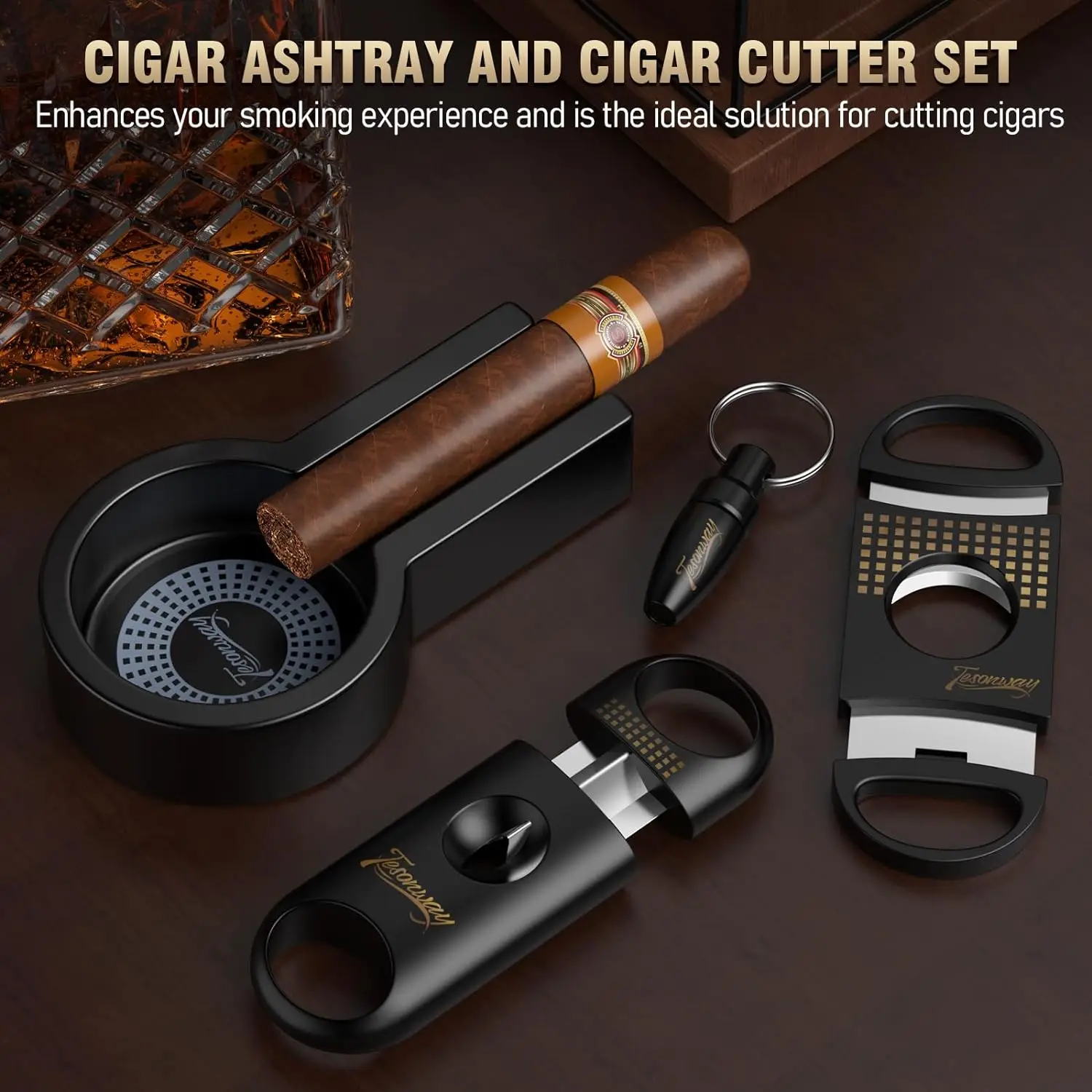 Portable Cigar Ashtray with V Cut Cutter Set, Cigar Punch, Outdoor Home Office Accessories for Men