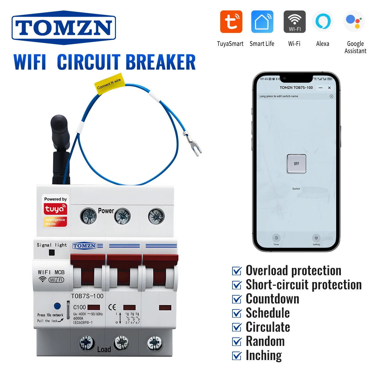 TOB7S-100 WIFI Circuit Breaker 3P+N Three-phase Four-wire Overload Protection Short-circuit Protector Timer Switch Tomzn Office