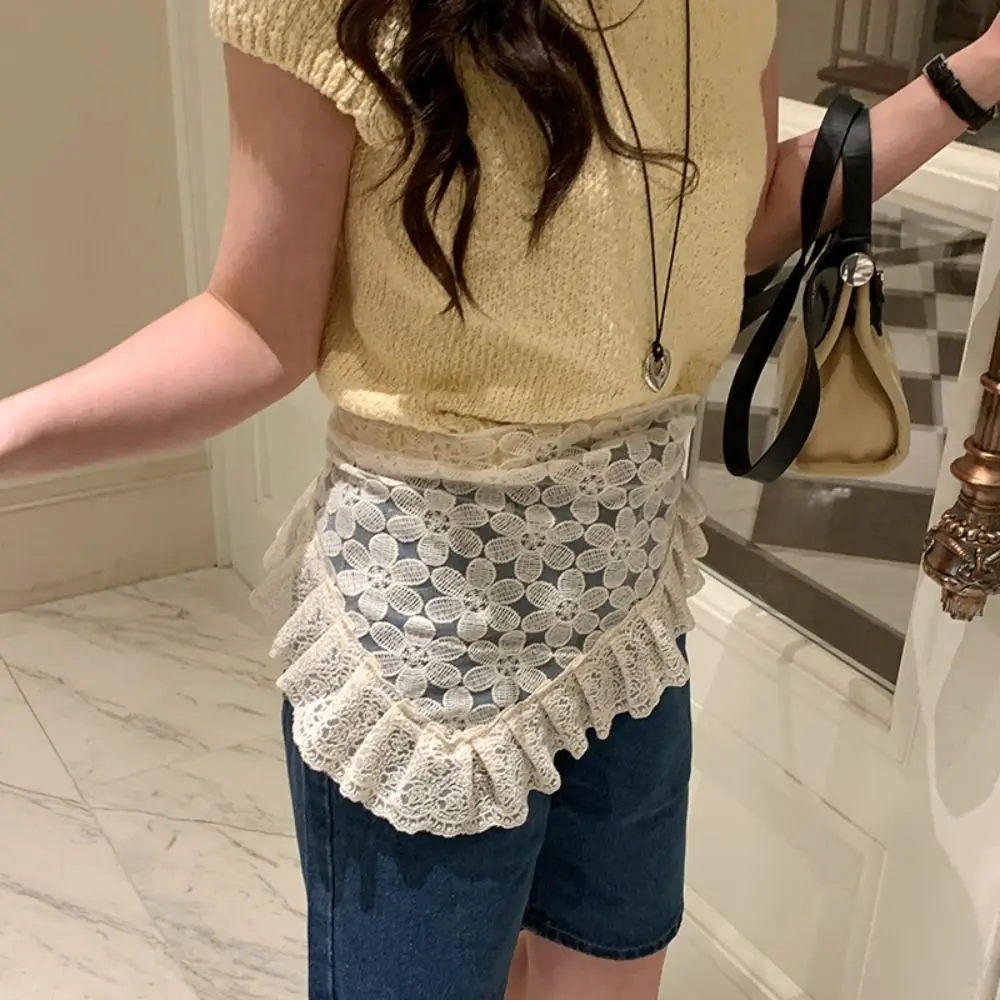 Rok Mini Renda Manis Y2K Rok Kasa Bunga Gaya Korea Rok Tepi Ruffle Bertali Pinggang Tinggi Anak Perempuan