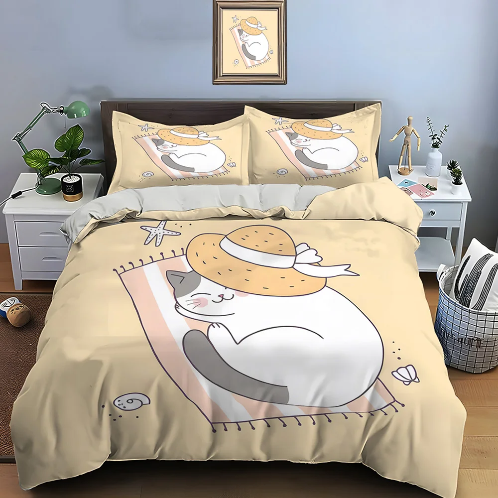 Cartoon cat relaxing at beach Print Bedding Set 1 Duvet Cover 2 Pillowcases for Adult and Children Luxury Gift Full Size