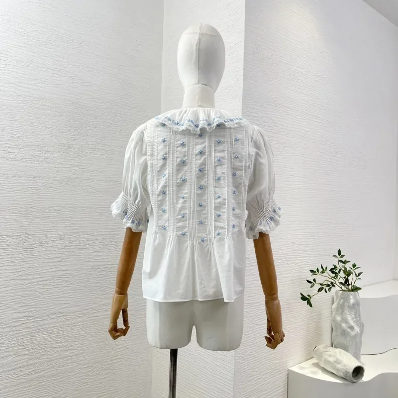 Ladies' White Floral Embroidery Lace Patchwork V Neck High Quality New Arrivals Fashion Women Short Sleeve Ruffles Blouses Tops