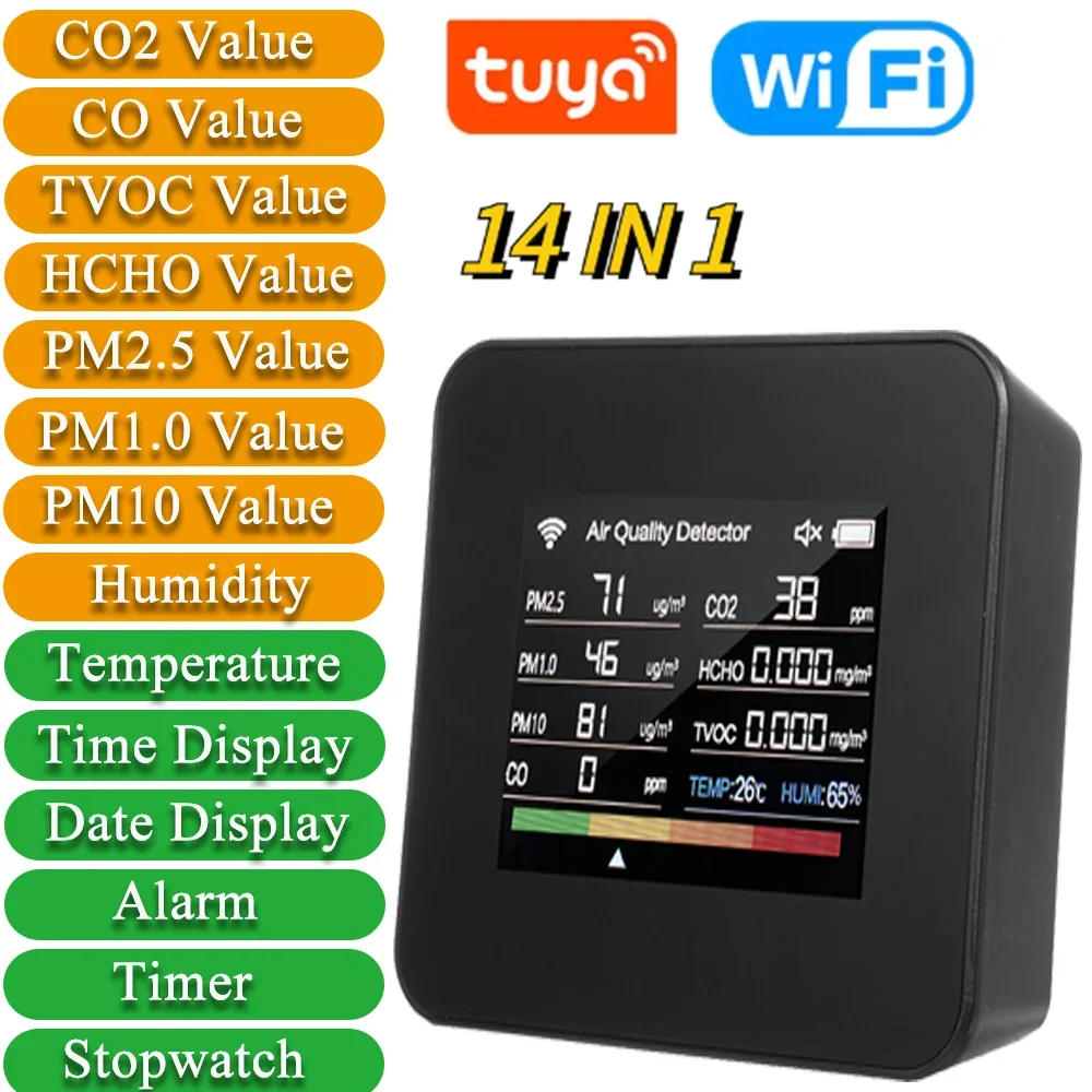 

14 in 1 Air Quality Monitor Tuya WiFi Air Quality Detector Detects CO₂ CO TVOC HCHO Temperature and Humidity PM2.5 PM1.0 PM10