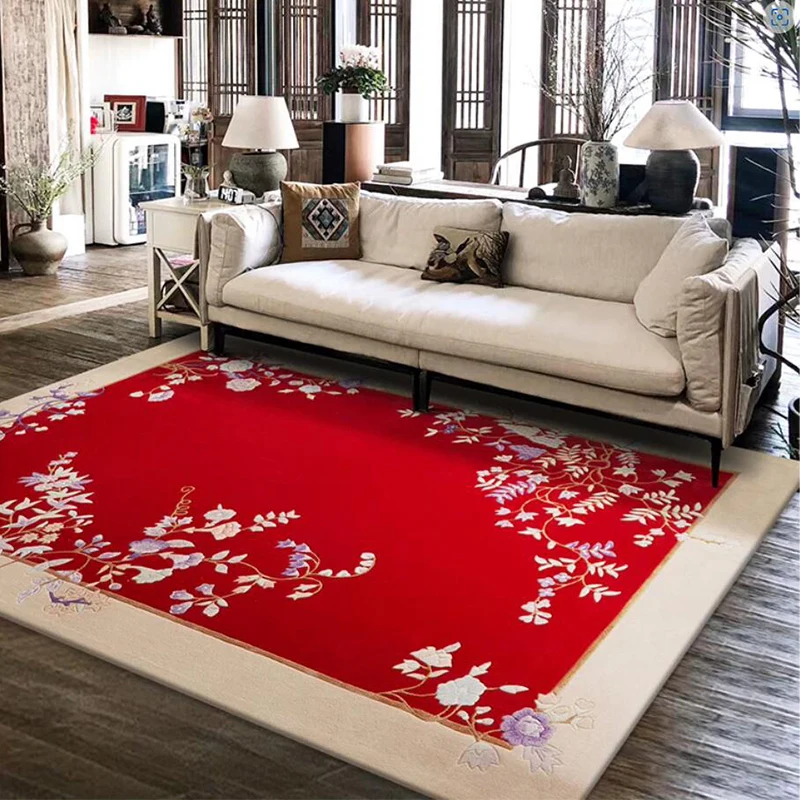 New Chinese Style Red Carpet Handmade Wool Thick Living Room Rug Customize Luxury High-end Large Villa Carpet and Rugs Bedroom