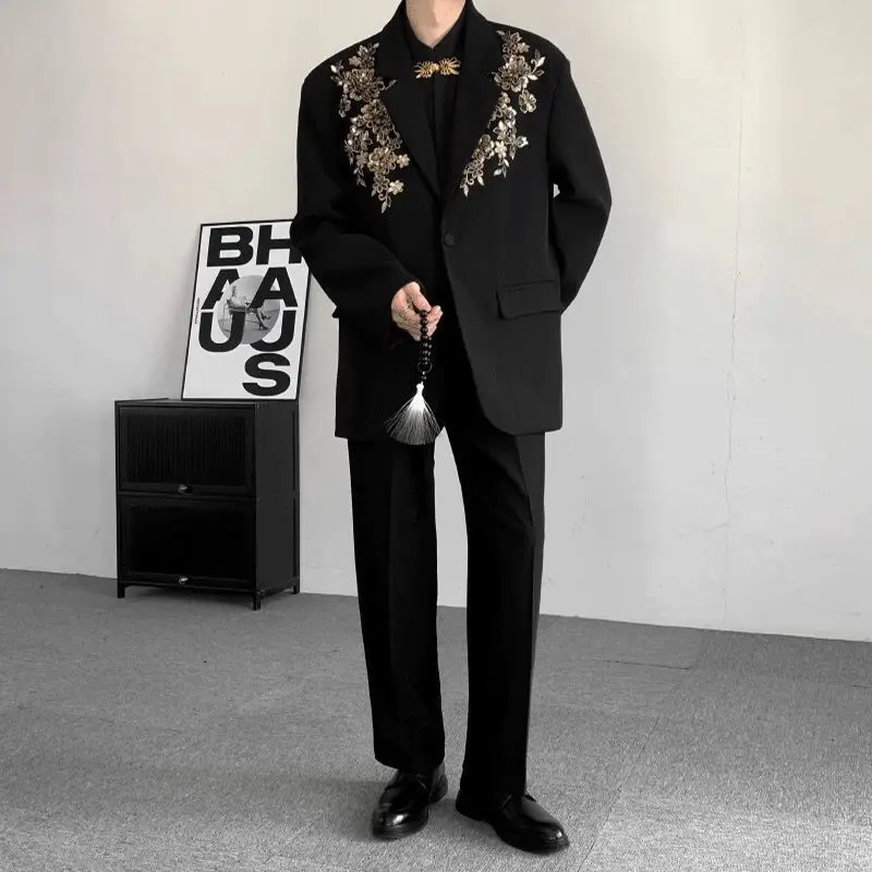Men's Modern Chinese Style 3D Embroidered Blazer Heavy Duty Stitching Wedding Guest Suit Jacket with Trendy Details
