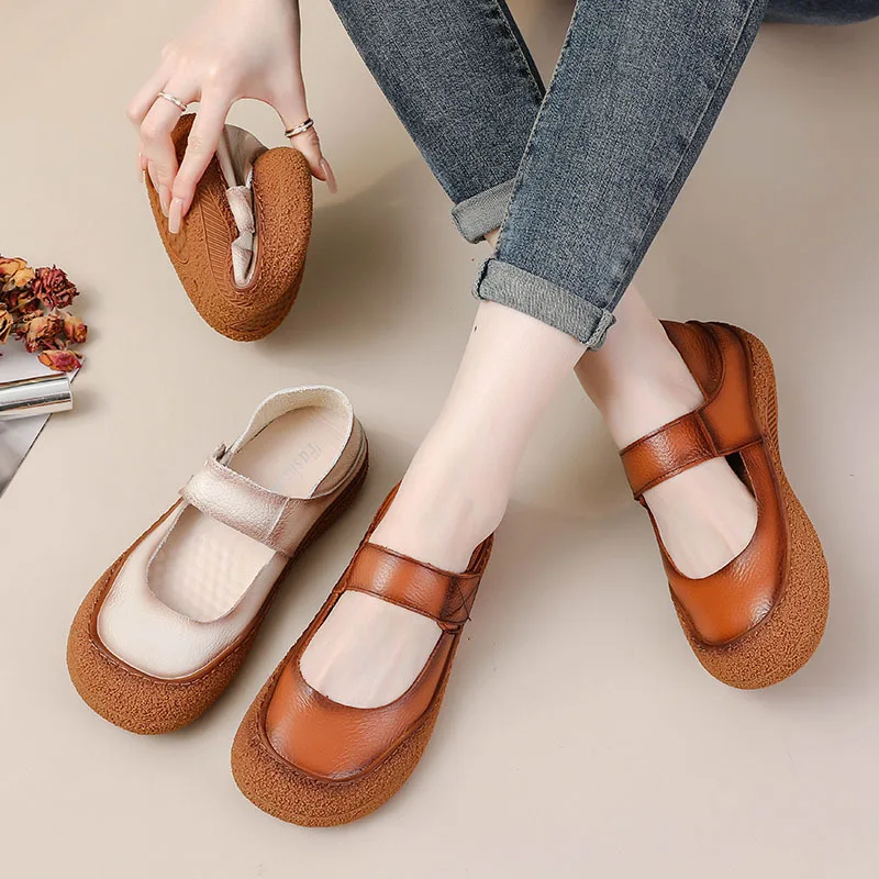 

New cowhide leather V flats women mary jane loafer espadrilles shoes for woman vintage brown roman flats ladies simple moccasins