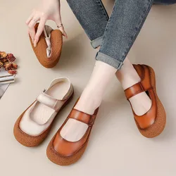 New cowhide leather V flats women mary jane loafer espadrilles shoes for woman vintage brown roman flats ladies simple moccasins