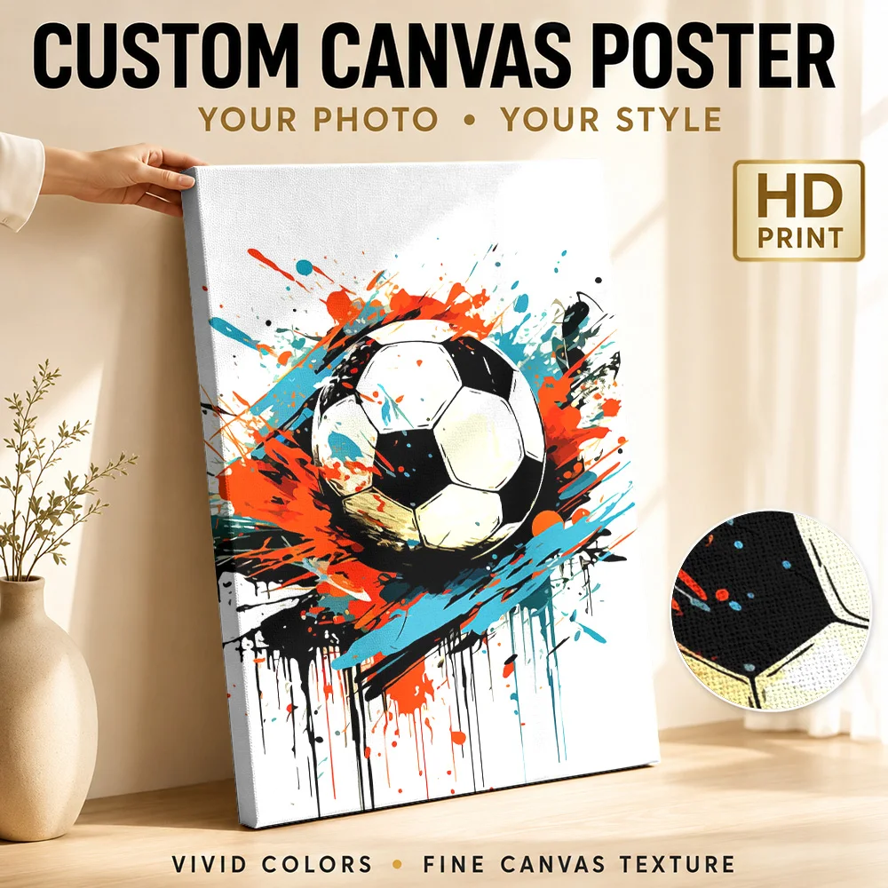 Soccer Ball Paint Splash Canvas Print Poster Splatter Style Canvas Wall Art With Customized Photo For Home Gym Ideal Coach Gift