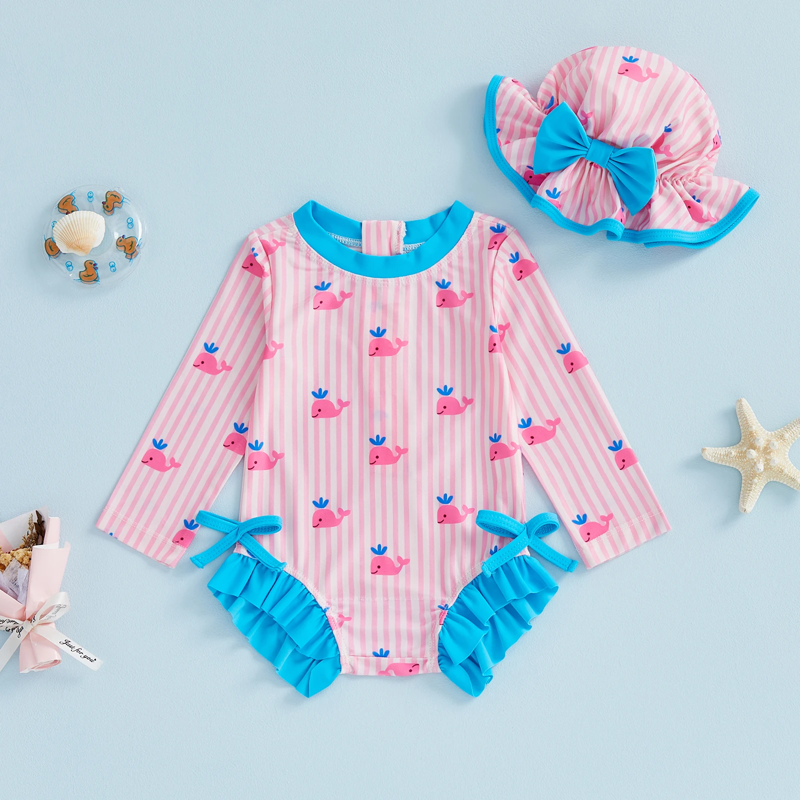 Tregren Newborn Infant Baby Girl Rash Guard Swimsuit and Hat 2Pcs Set Stripe Whale Print Long Sleeve Round Neck Romper Swimwear