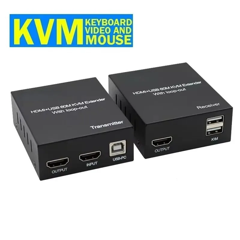60M HDMI KVM Extender over RJ45 Cat6 Cable 1080P HDMI KVM Video Extender with Loop-out  Support USB Mouse Keyboard for PC NVR TV
