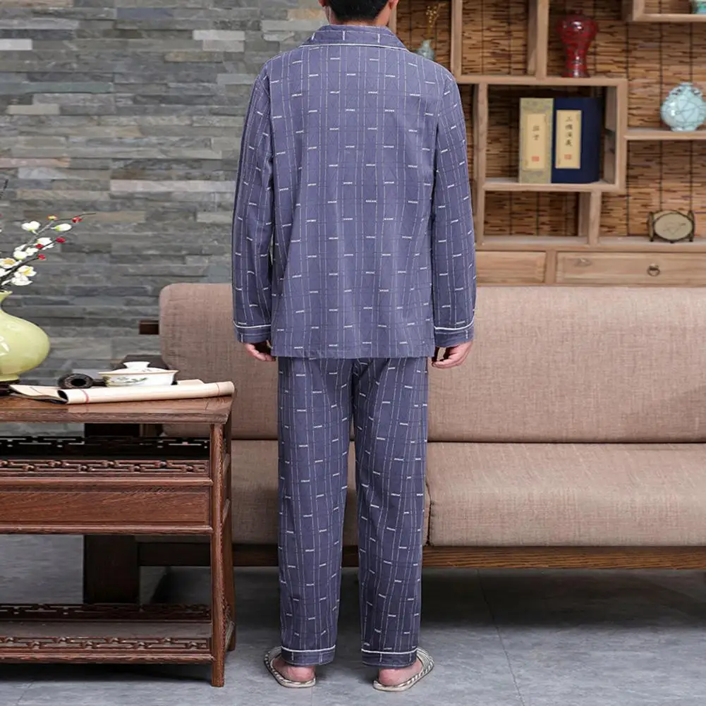 Men Loungewear Set Mid-aged Father's Spring Summer Pajamas Set Loose Long Sleeve Shirt Wide Leg Pants Homewear for Comfortable