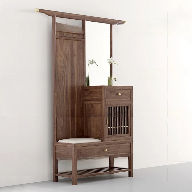 Nuovo mobile da ingresso cinese con porta in legno di noce nera, cambio scarpe in legno massello, vestiti e cappelli multifunzionali
