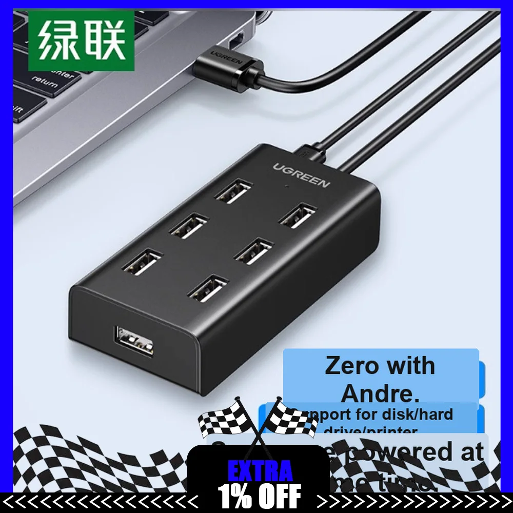 UGREEN CR130 30372 USB 2.0 Hub 7 Port Powered Splitter 0.5m for Laptop Desktop Printer Flash Drive