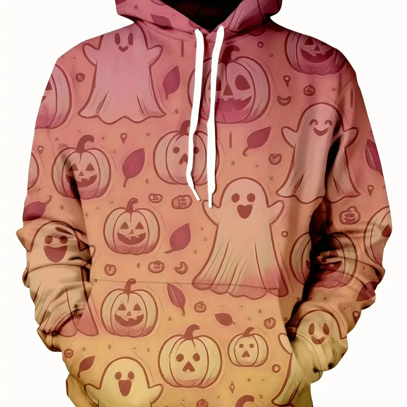Men's Hoodie Thin Halloween Cute Ghost Pumpkin Print Drawstring Long Sleeve Spring Autumn Casual Pullover Mens Clothing