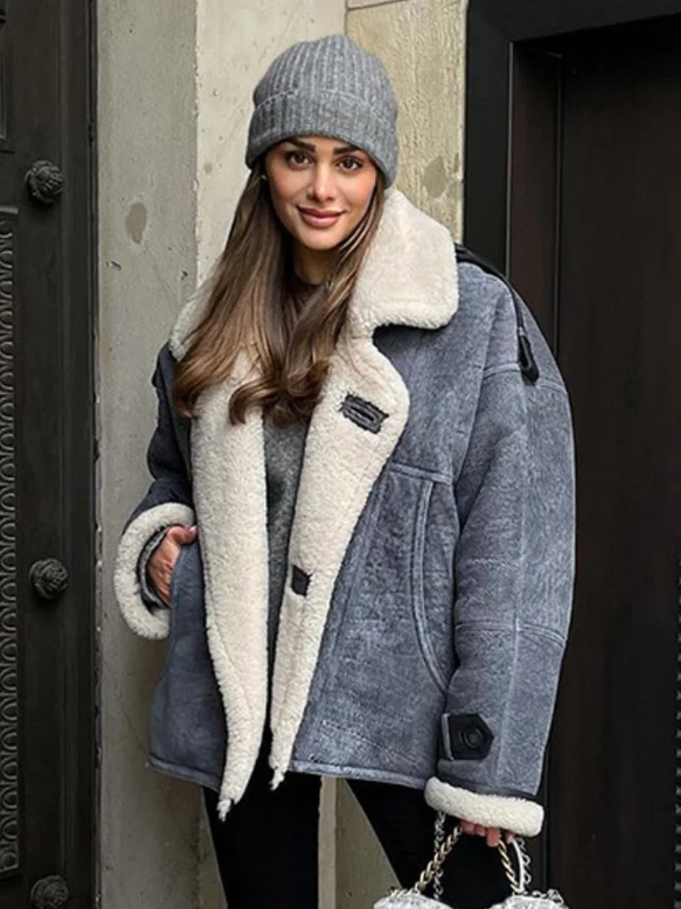 Vintage Cowboy Blue Lambwool Patchwork Thick Coat Elegant Lapel Single Breasted Warm Short Jacket Winter Street Lady Outwears