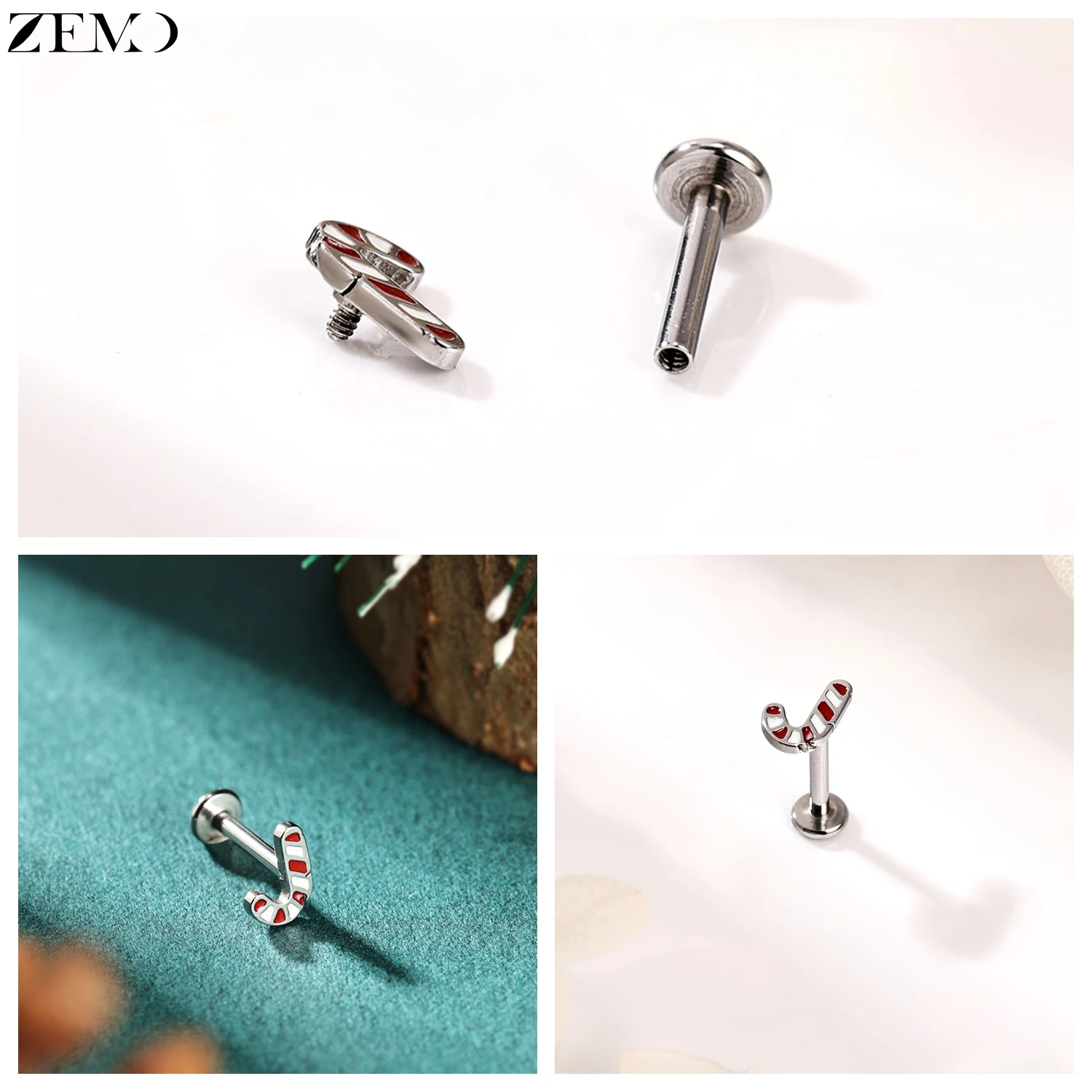 ZEMO 1 Piece Christmas 16G Stainless Steel Labret Lip Piercing Candy Cane Santa Claus Ear Stud Cartilage Conch Piercings 6MM/8MM