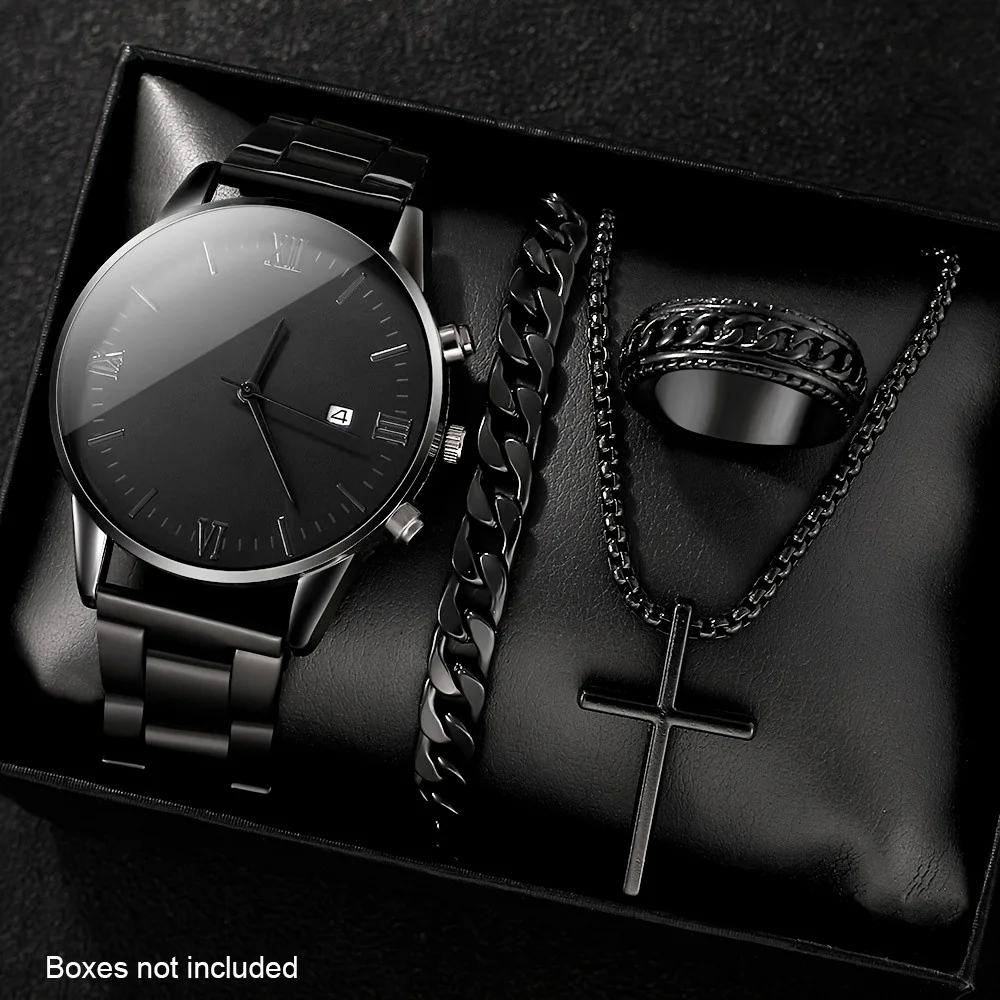 4pcs personalized men's watch steel strap quartz watch strap necklace bracelet set suitable for daily wear and holiday gifts