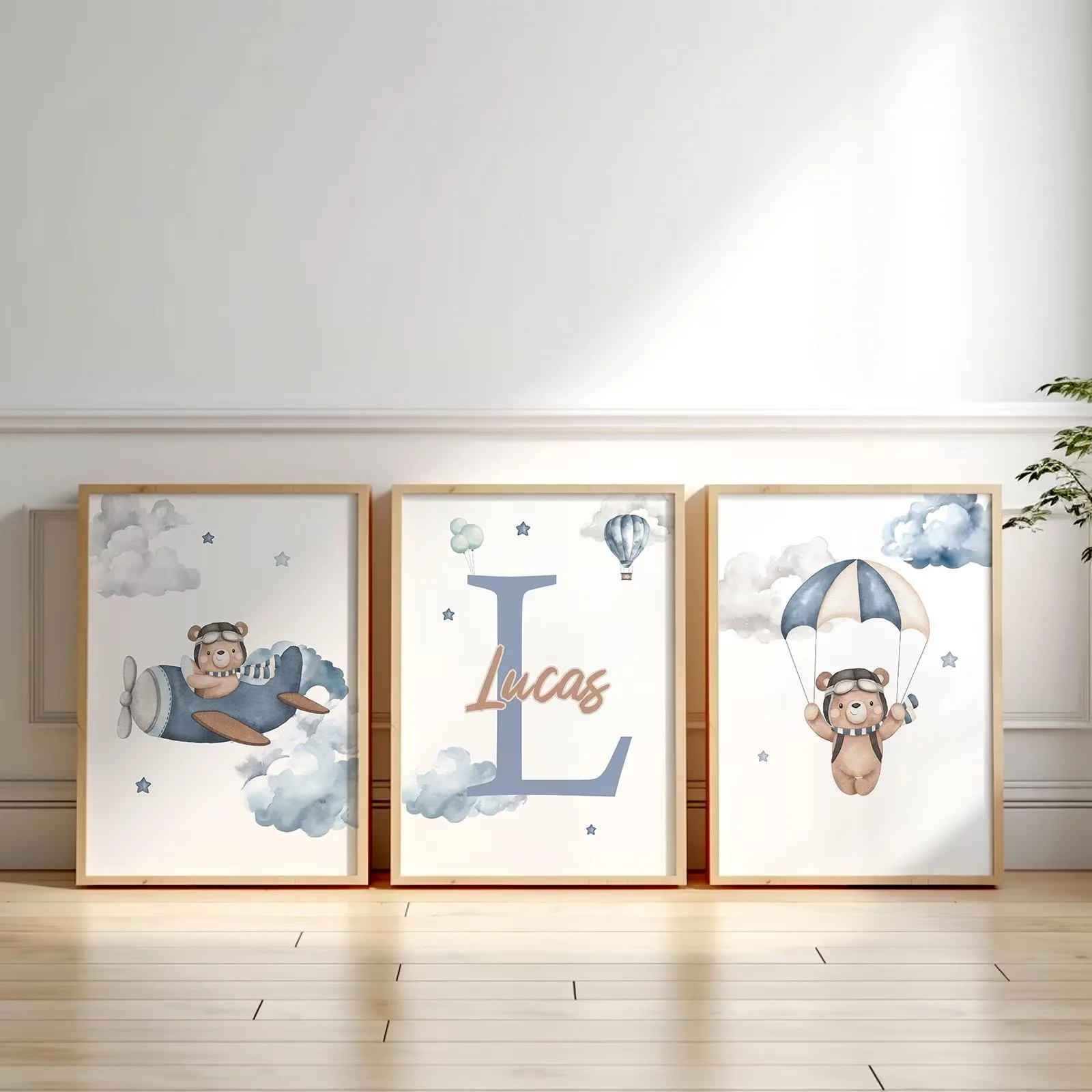 3pcs/set Personalized Teddy Bear Nursery Canvas Print Fun Custom Baby Name Rocket Nebula Birthday Wall Art Poster for Home Decor