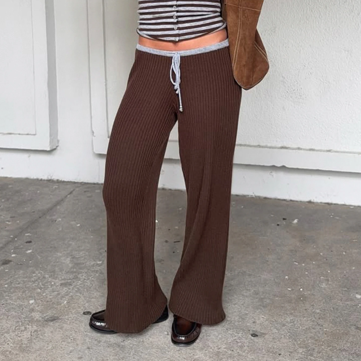 Casual Contrast Color Patchwork Knitted Pants Basic Bandage Low-Waisted Wide Leg Corduroy Pants Women 2025 Autumn Streetwear