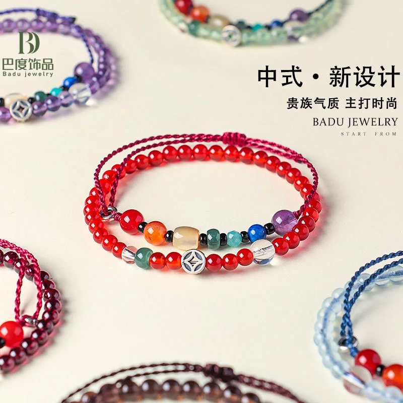 

925 Silver Chinese Romantic Natural Crystal Duobao Stacked Bracelet Women's Niche High-end Amethyst Agate Hand String Ins Gifts