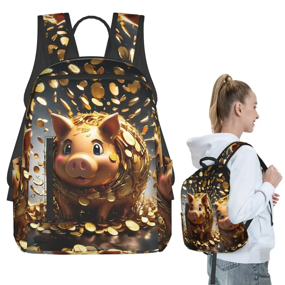 Gold Coins Flying Cute Golden Piggybank Backpack Student BookBag Children School Bag Laptop Shoulder Bags Men Women