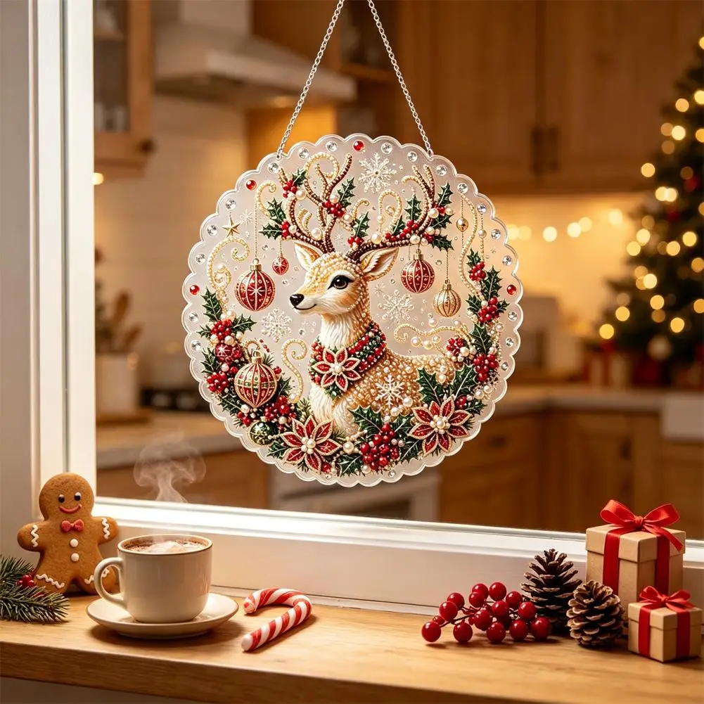 Christmas DIY Pearl Suncatcher Craft Kit Round Acrylic Christmas Series Pendant Pearl Beads Craft Kit For Home Decoration