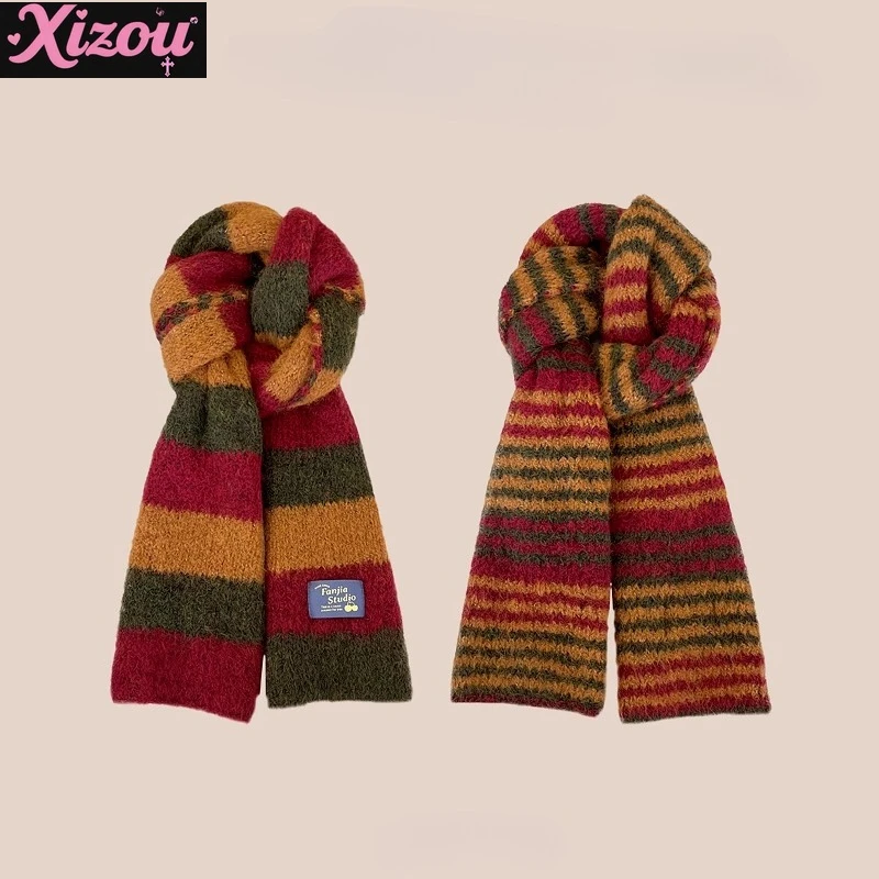 

2025 New Dopamine Contrasting Striped Double-sided Scarf Women's Autumn and Winter Warm Versatile Soft Wool Knitted Scarf Women