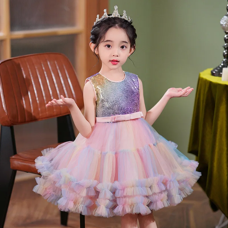 Children's Dress Elegant New Girl's Princess Colorful Fluffy Flower Walk Show Performance Ball Gown Frocks Dresses For Party