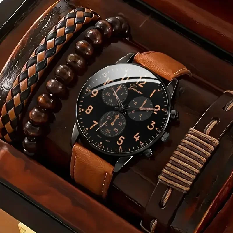 4Pcs 남성 패션 트렌드 브라운 PU 가죽 쿼츠 시계 및 팔찌 세트