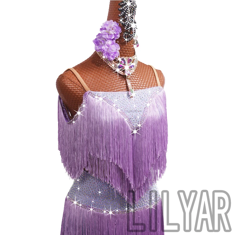 New Latin Dance Competition Performance Adult Female Purple Tassel Shining Diamond Long Legged Pants Split Dance Skirt