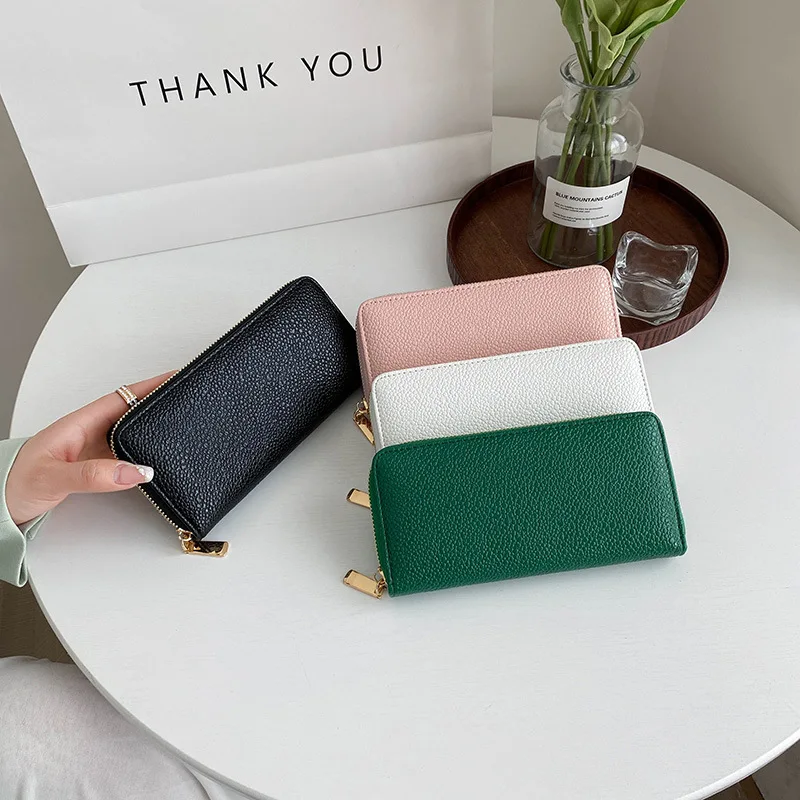 

2022 New Long Zipper Wallet for Women Solid Color PU Coin Purse Mobile Bag Fashion Card Holders