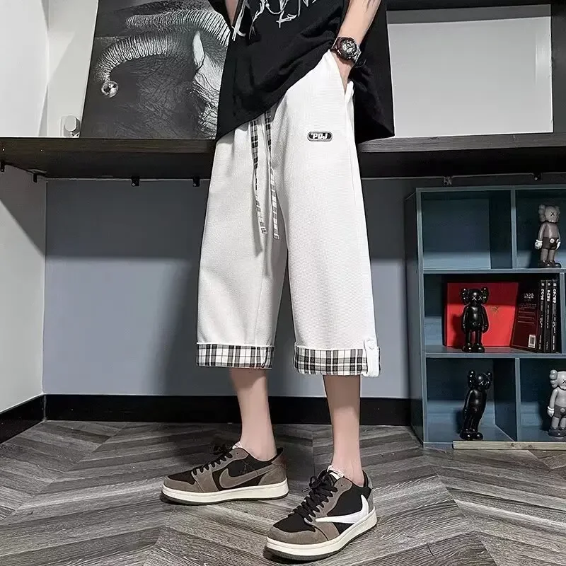 Waffle Sports Cropped Pants Men's Summer Loose Over-knee Shorts Trendy Brand Large Size Casual 7-point Pants Baggy Jeans Y2k