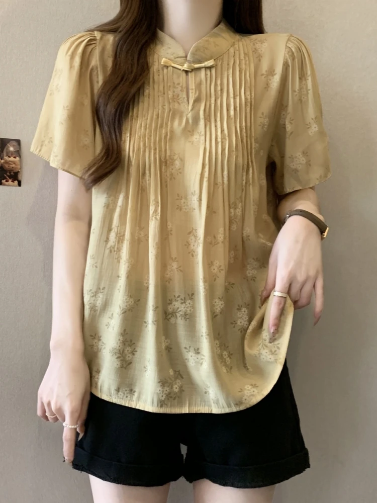 New Chinese Style Retro Floral Chiffon Shirt Women Summer plus Size Conceal Belly Button up Top Korean Loose Fit Short Sleeve