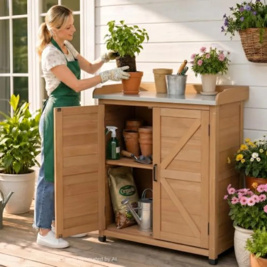 Potting Bench with Storage Cabinet and Metal Table Top for Outdoor Patio, Garden Furniture Wood Workstation,x39