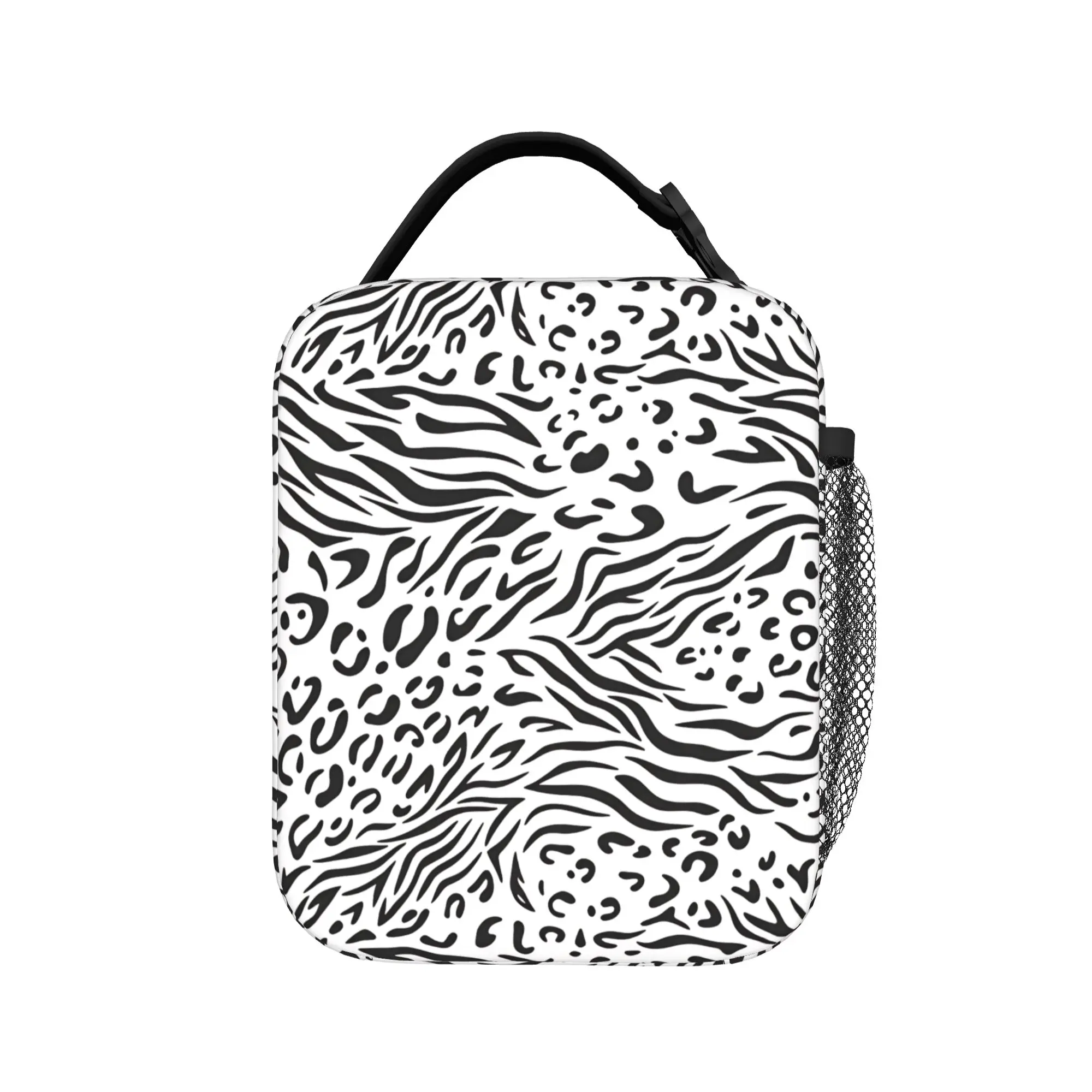 Monochrome Zebra Leopard Blend Bold Animal Lunch Bag School Portable Insulated Lunch Box For Men  Oxford Print Cooler Bag