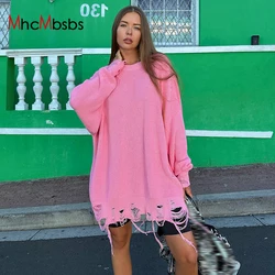 Distressed Tassel Women Baggy Sweater Neon Pink Ripped Hole Pullovers 2024 Fall Winter New Fashion High Street Jumpers