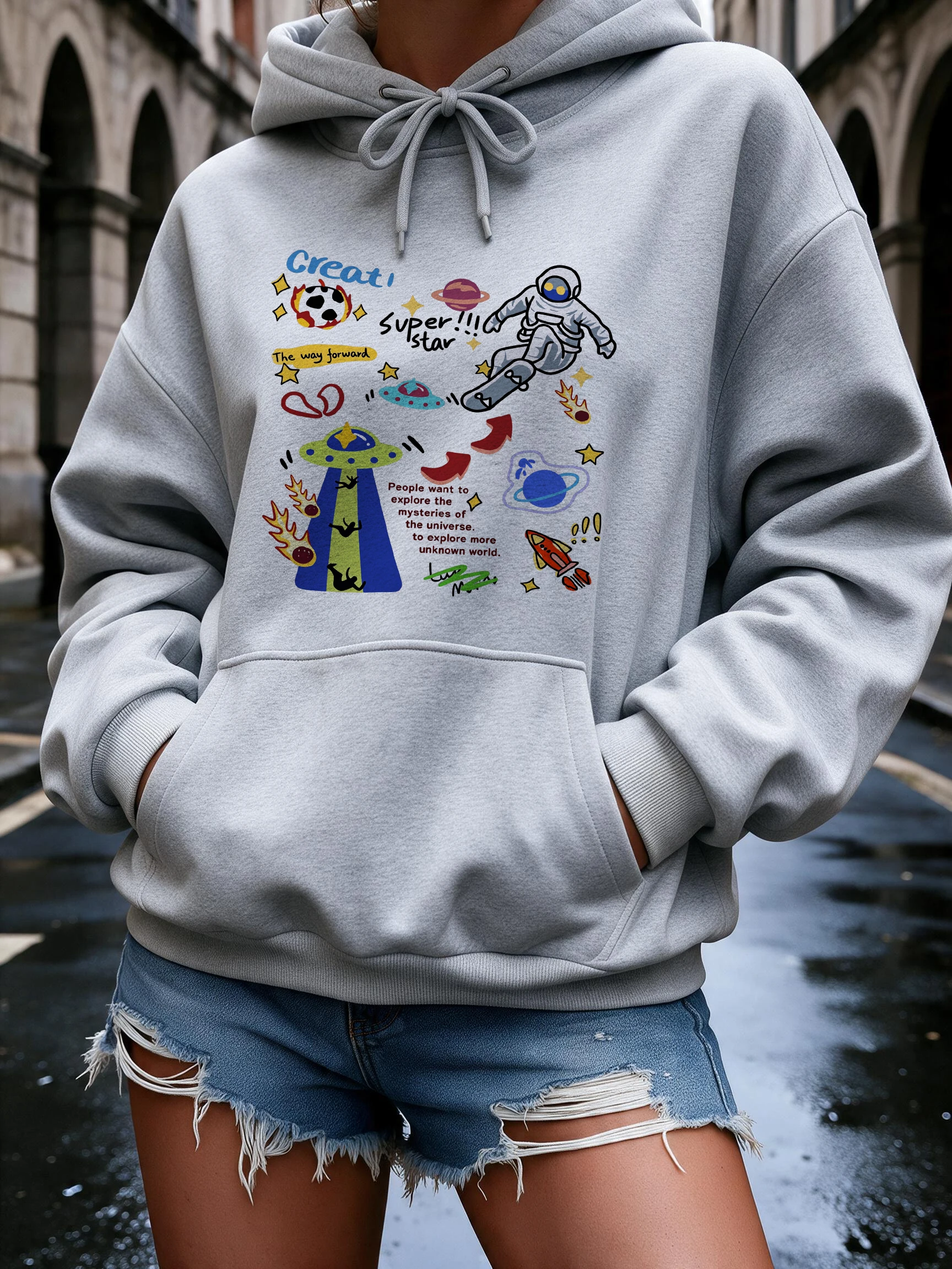 Funny Women's Long Sleeve Hoodies with Space and Astronaut Design Print Graphic Y2k Sweatshirt Outfit Clothes Female Streetwear