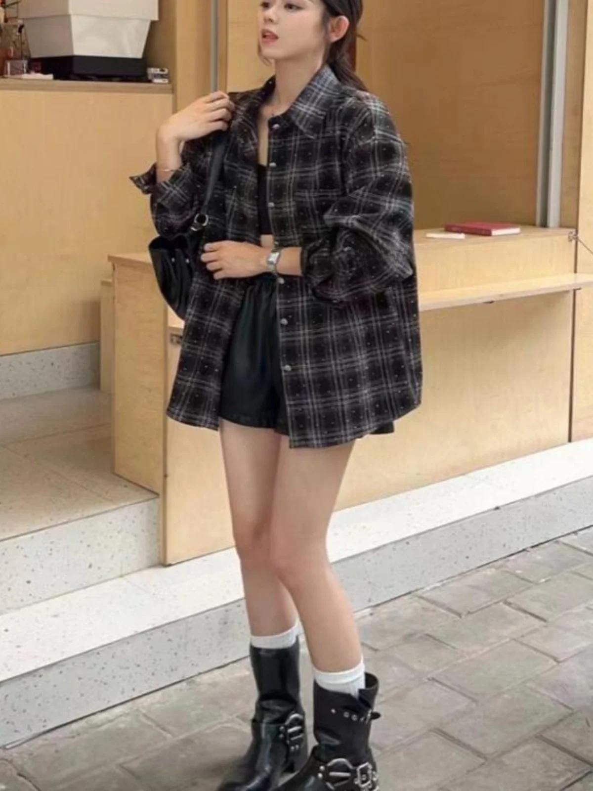 Retro casual xadrez irt design feminino alta reta longa sve topo coreano sle solto ajuste botão detalhe material de poliéster