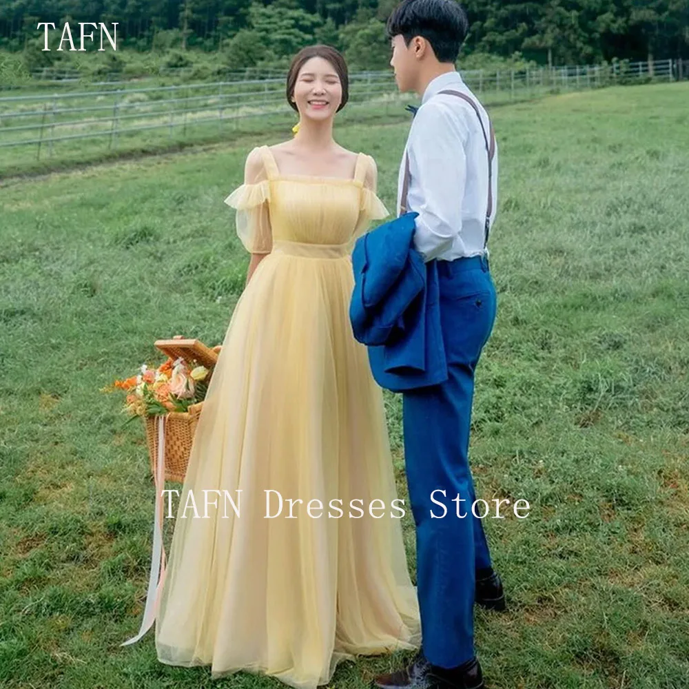 

TAFN Korean Short Sleeves Evening Dresses Custom Made Formal Prom Dress 웨딩드레스 A-Line Yellow Tulle Occasion Party Evening Gown