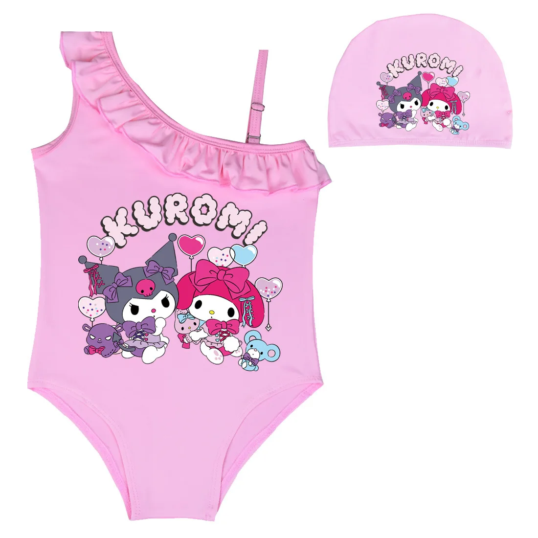 Anime Sanrios Hellokittys My Melody Cinnamoroll Kuromi Kawaii Dopamine Girls Swimsuit Ruffle Style Sling Kids One Piece Swimwear