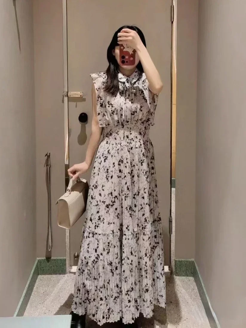 Kuzuwata Japan Style Flying Sleeve Floral Vestidos De Mujer Sweet Pleated Slim Waist Women Dress 2024 Chiffon New Neck Robe
