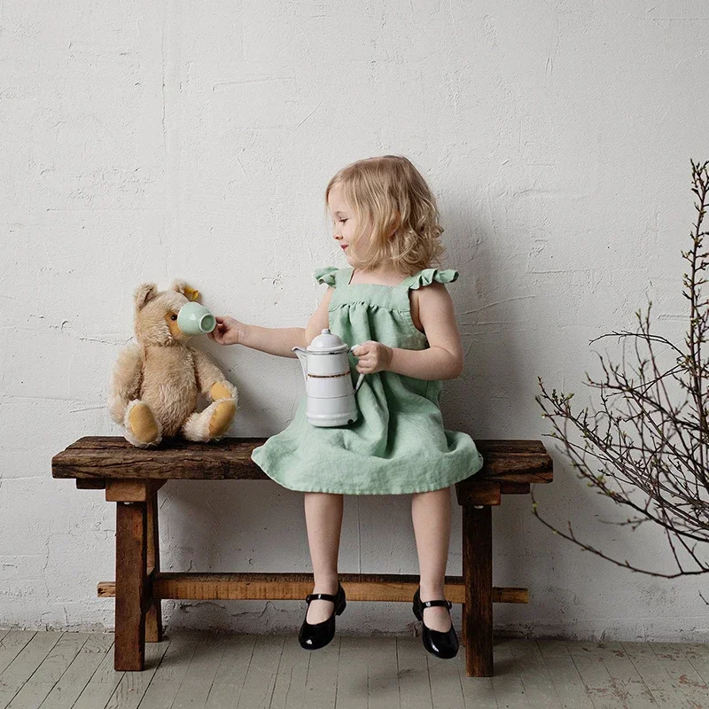 Children Girls\' Linen Dress 2026 Summer New Literary Petal Sleeves Loose Baby Girl Strap Princess Dresses TZ04