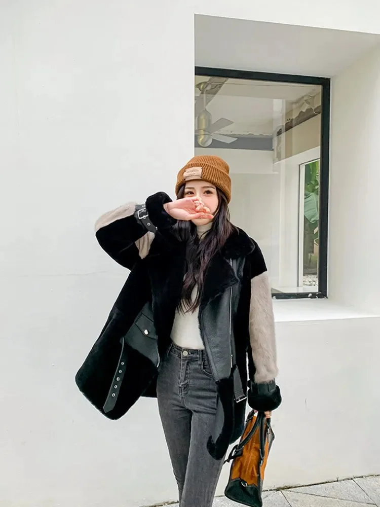 Fashion Women Winter Mink Fur Patchwork Wool Overcoat Loose Fit Warm Real Coat High Street Motorcycle Style Lambswool Jacket