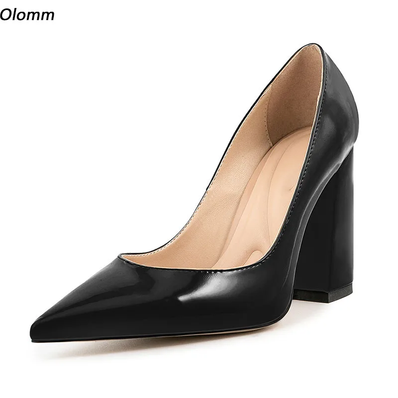 

Olomm New Arrival Women Spring Shiny Pumps Sexy Chunky Heels Pointerd Toe Black Club Shoes Ladies US Plus Size 5-13